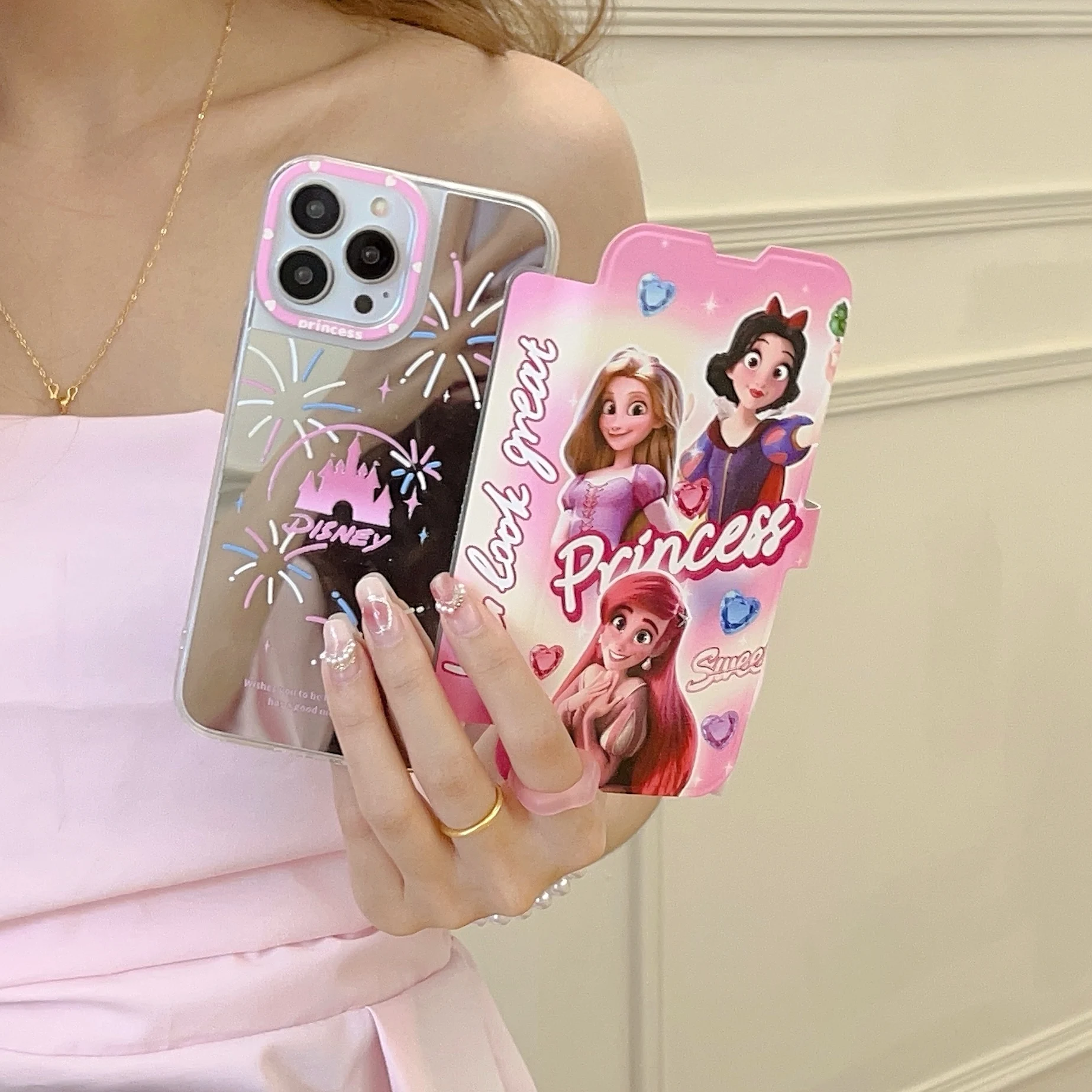 

Disney Ariel Snow White Elsa flip mirror pink cute cartoon Phone Cases For iPhone 14 13 12 11 Pro Max Back Cover