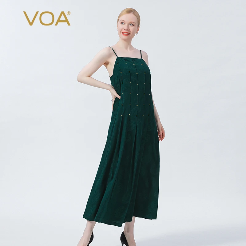 

VOA Silk Satin Green Collar Sleeveless Open Line Decorative Drape Relaxed Breathable Halter Summer Women's Dress 2022 AE986