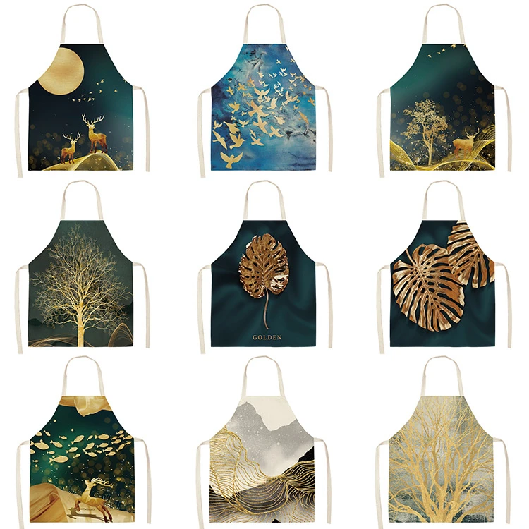 

Golden Deer Butterfly Men's and Women's Kitchen Apron Cotton and Linen Bib Household Cleaning Apron Household Cooking Apron