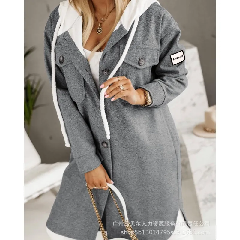 

Wepbel Y2K Hooded Mid-Length Coat Jackets Women Long Sleeve Single Breasted Pockets Trench Outwear Fashion Longline Hooded Coat