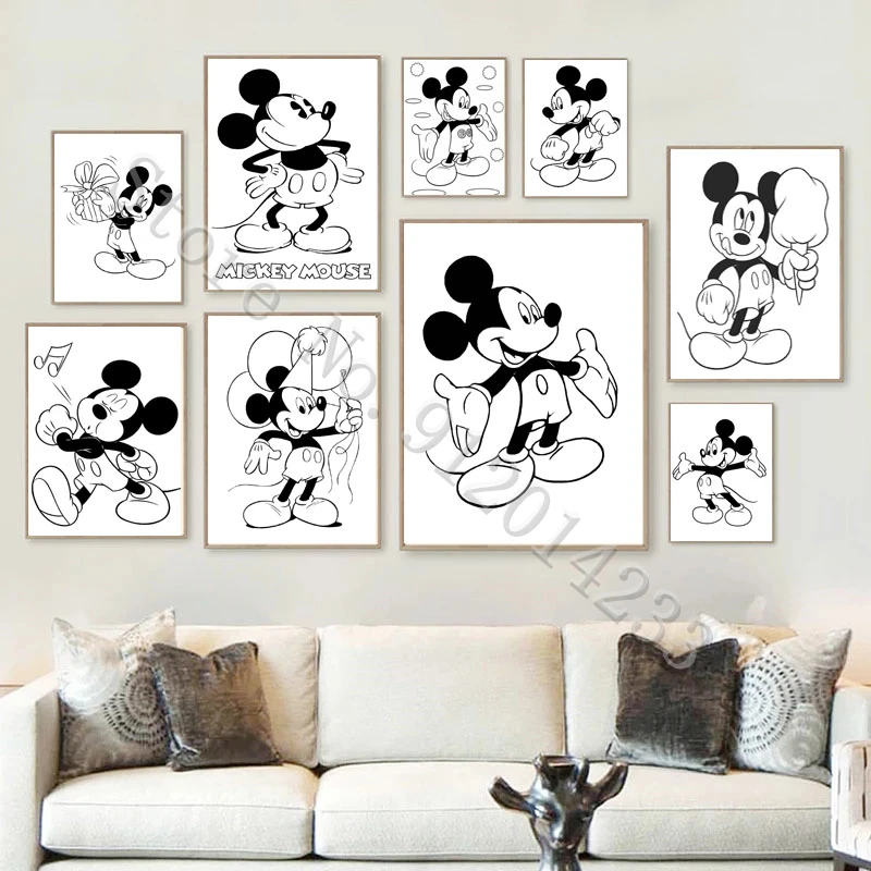 

Disney Mickey Mouse Poster Abstract Black and White Style Canvas Painting Nursery Kid Room Wall Art Pictures for Home Decoration