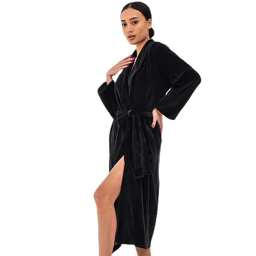 Autumn Velvet Long Nightgown Warm and Comfortable Solid Color Bathrobe Dressing Gown Fashion Simple Ladies Home Service