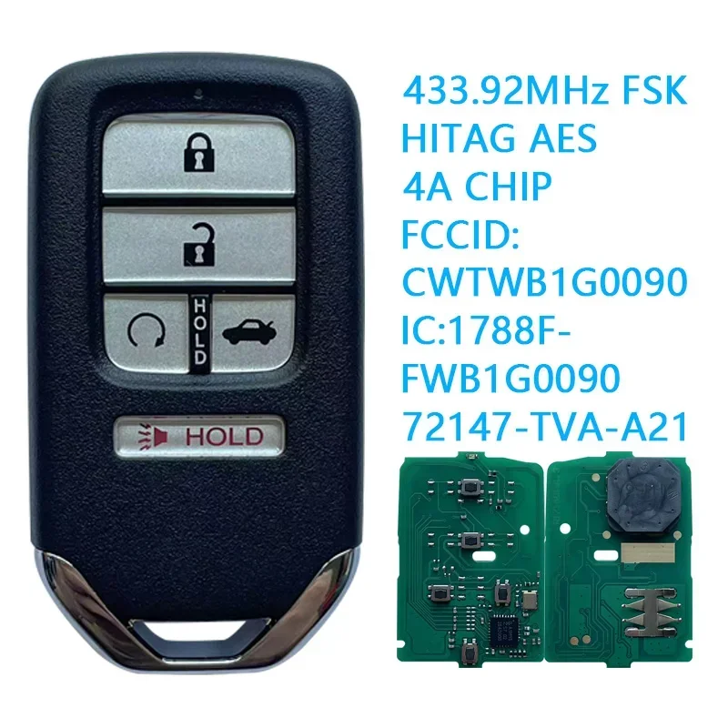 

FCCID: CWTWB1G0090 для Honda Accord Insight 2018 2019 2020 2021 2022 433,92 МГц 4A чип смарт-ключ входа 72147-TVA-A21 72147-TWA-A1