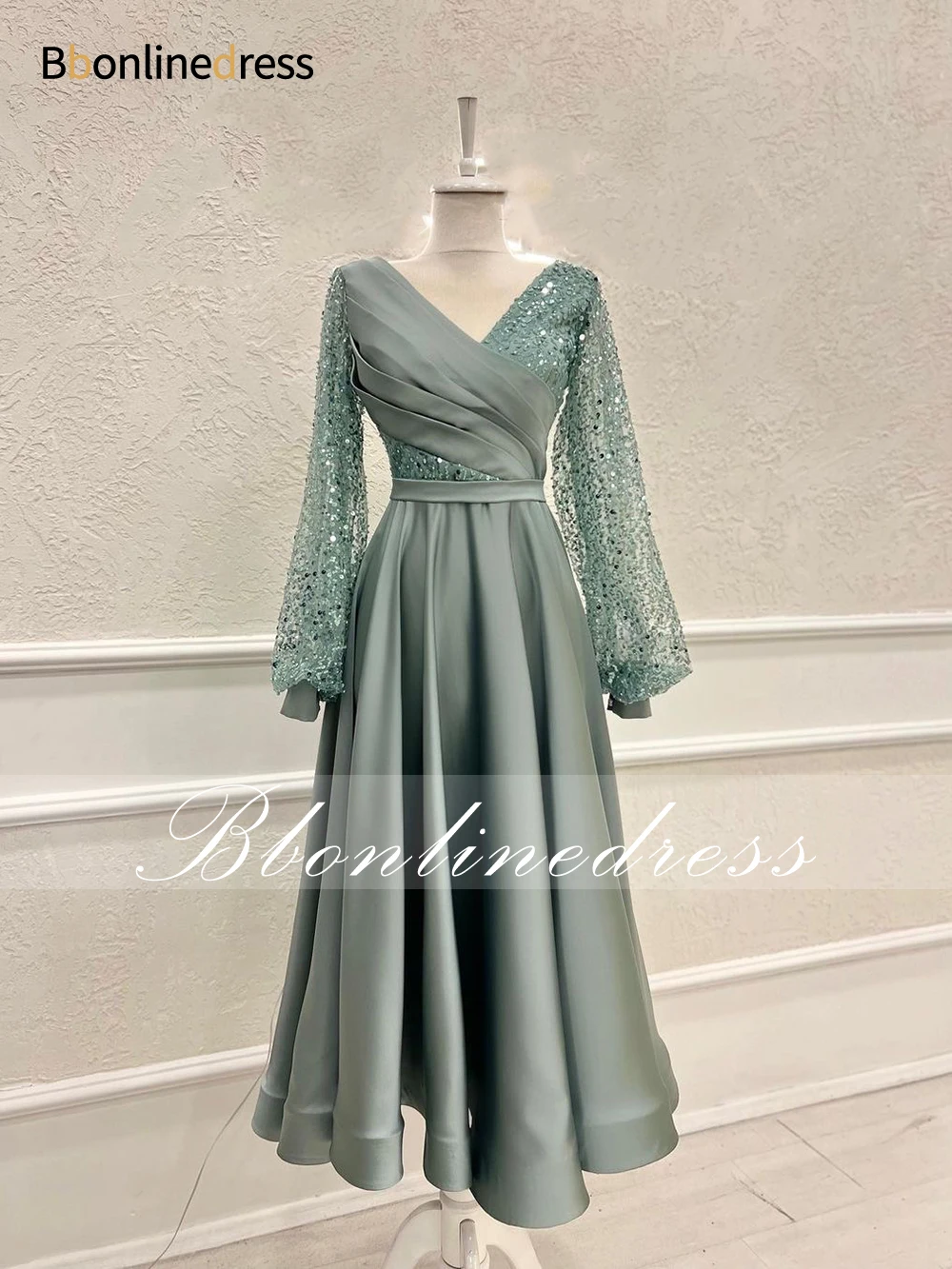 

Bbonlinedress V Neck Maxi Prom Dress for Black Girls Sequined Transparent Lantern Sleeves Evening Party Dresses 2023 Vestidos