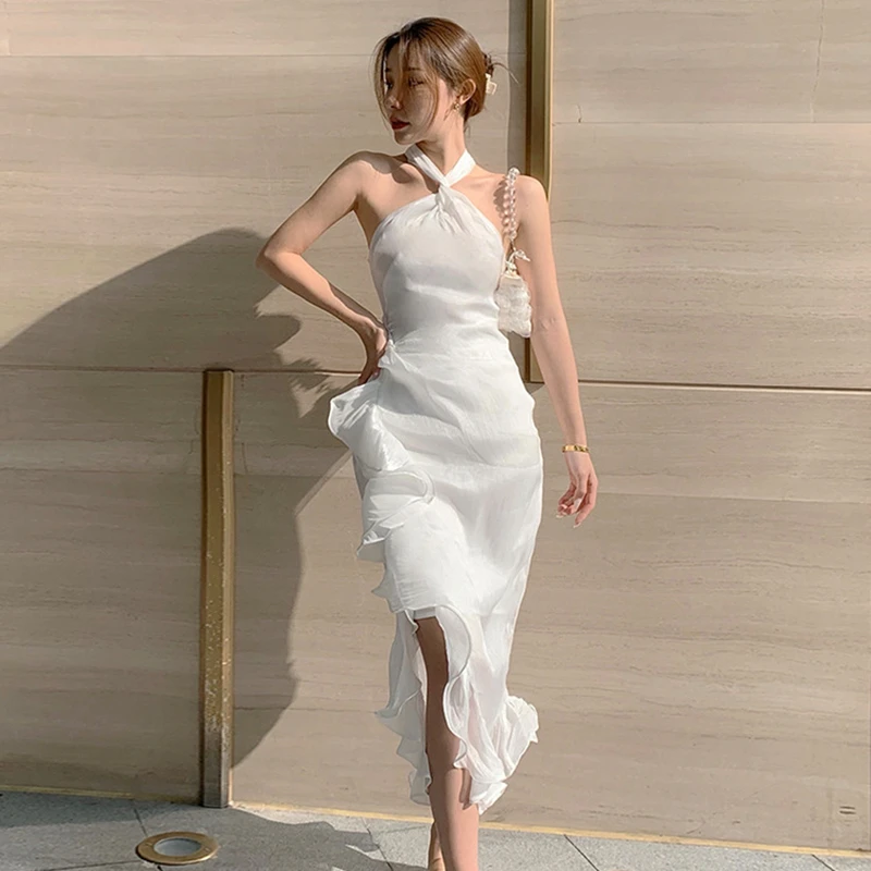 2022 yaz kadın zarif jartiyer Midi elbise beyaz seksi sırtı fırfırlı balık kuyruğu elbise Retro lüks bayanlar giyim