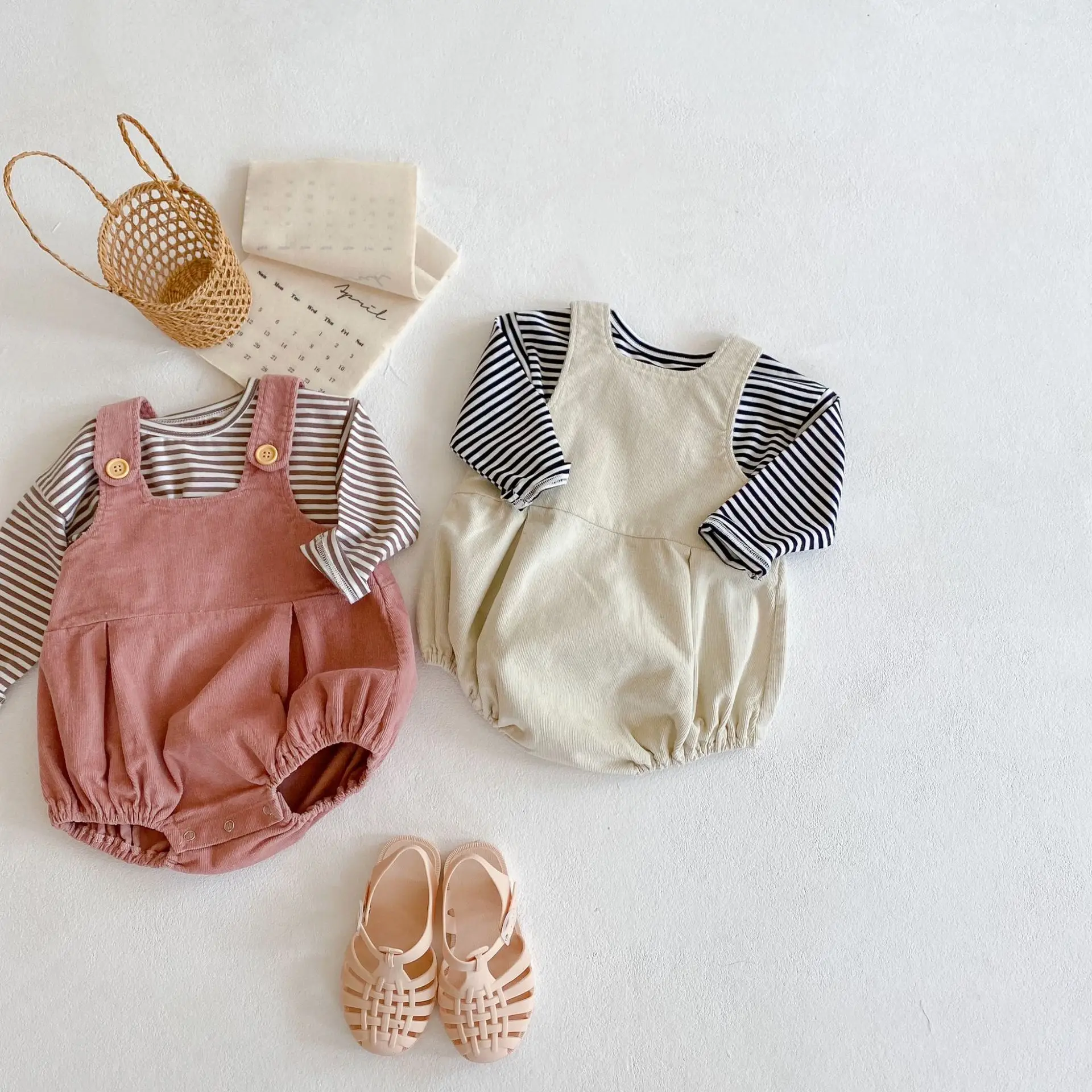 

Baby Clothing Set 2022 Fashion Long Sleeve Striped Cotton T-shirt Infant Boys Girls Candy Color Overalls Outfits 2pc Spring