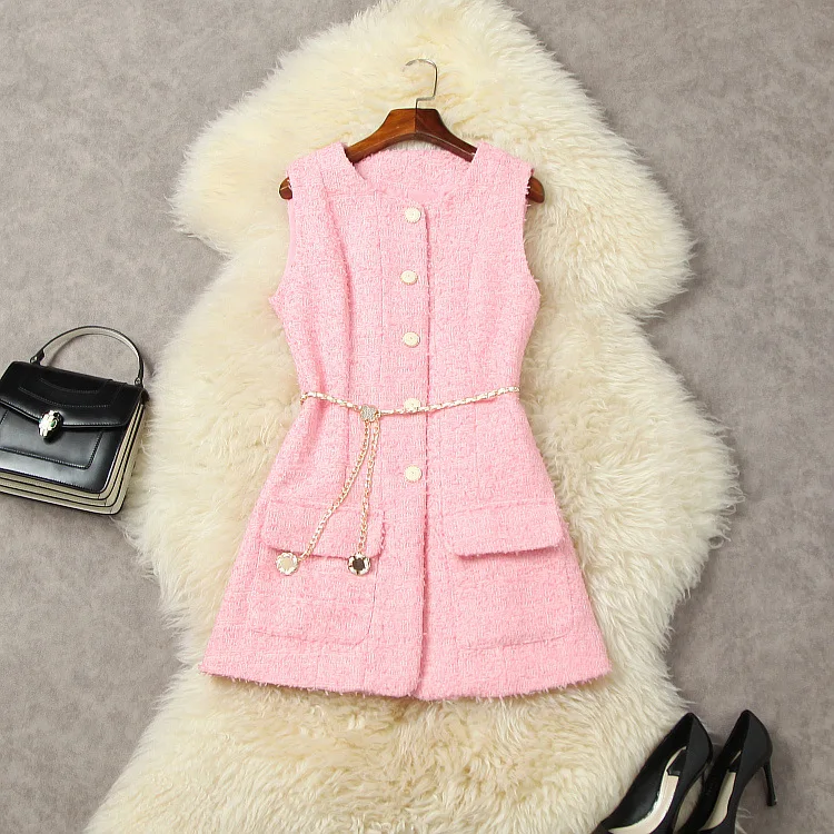 

Женское твидовое платье без рукавов, розовое однобортное платье в европейском и американском стиле с круглым вырезом и цепочкой, новинка зи...