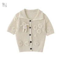 3d doll flower hollow knitted sweater 2022 autumn new retro short sleeved lapel womens cardigan free shipping