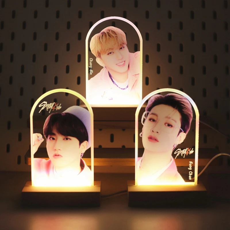 

Kpop Stray Kids Wooden USB LED Night Light Decorative Anime Lamp for Bedroom Living Room Decor ночники Acrylic Photo Stand Gifts
