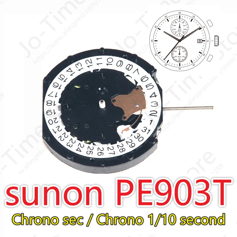 Фото Механизм Pe903T Sunon Pe90 Китай Ligne Кварц Три стрелки с 2 глазами и датой Маленький хронограф Второй 1/10 секунда Pe903T-3 №1