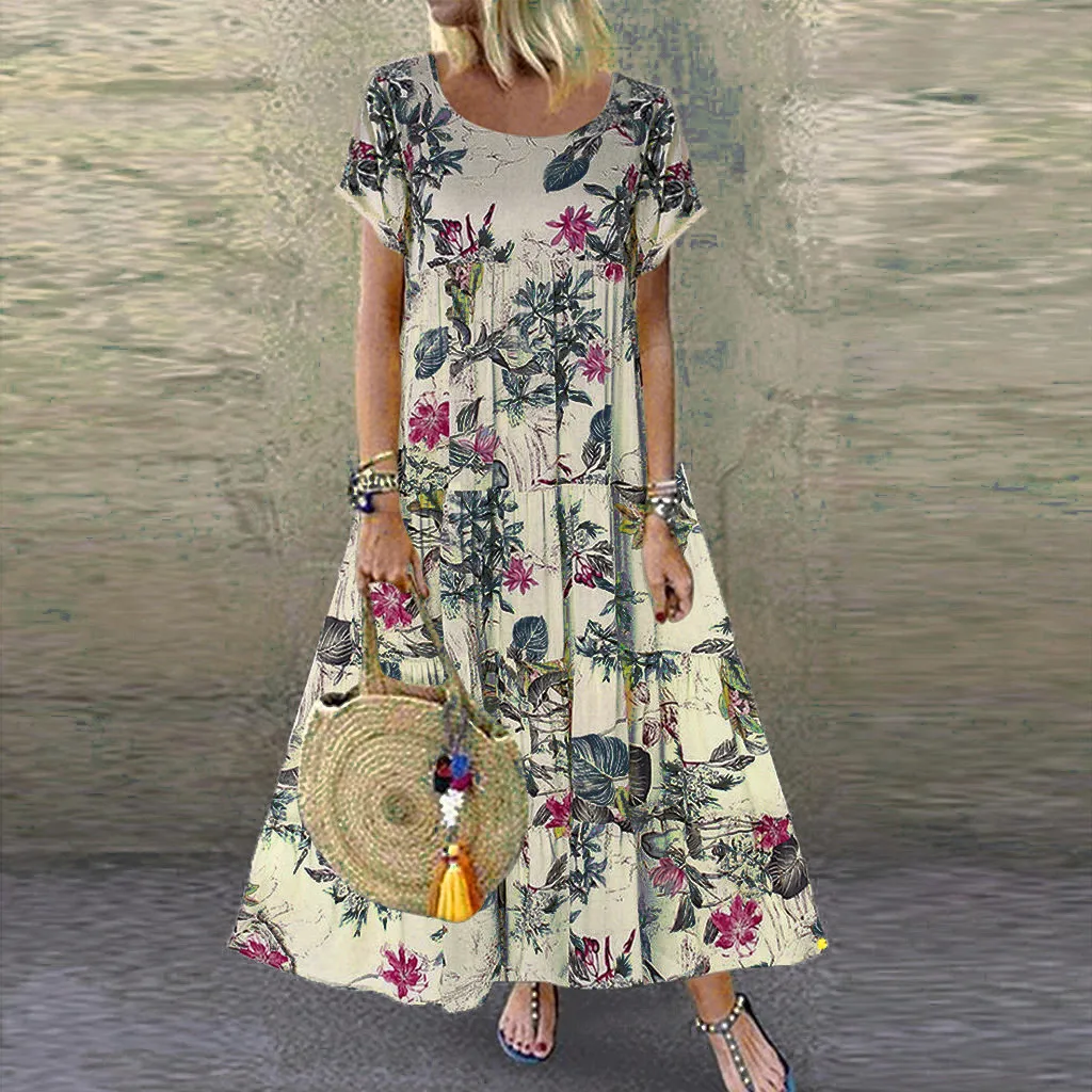 Женское льняное платье в стиле бохо, повседневное длинное платье макси в стиле ретро с рукавами и принтом