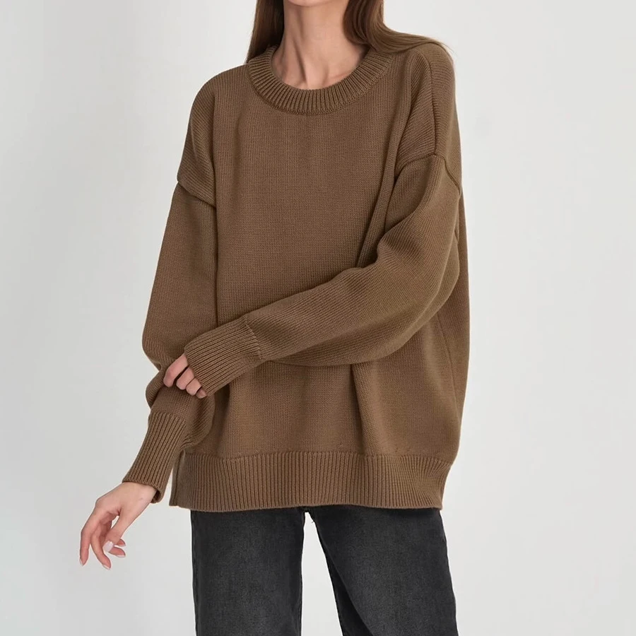 2023 женский осенне-зимний свитер с круглым вырезом свободный стиль Однотонный