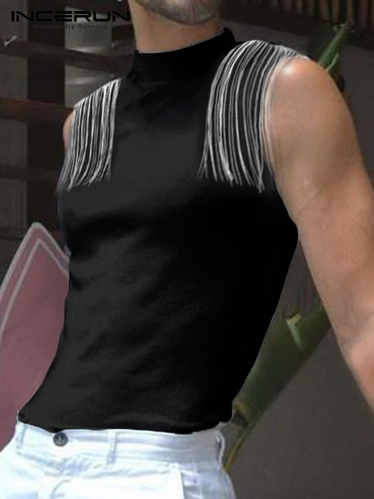 

Men Tank Tops Tassel Solid Turtleneck Sleeveless Summer Vests Skinny 2022 Streetwear Fashion Casual Men Clothing S-5XL INCERUN