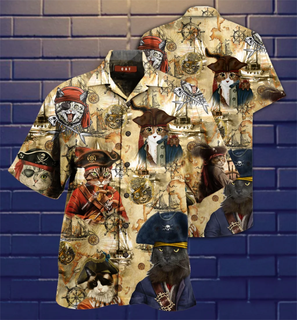

Новинка, летняя пляжная рубашка с коротким рукавом и кубинским воротником, с рисунком пиратских кошек, винтажная одежда y2k