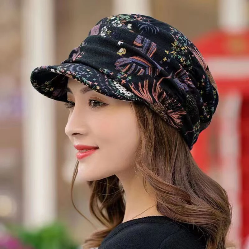 

Women Hat Short Brim Warm Foldable Earflap Women Cap Ethnic Style Floral Print Autumn Winter Hat Daily Clothing