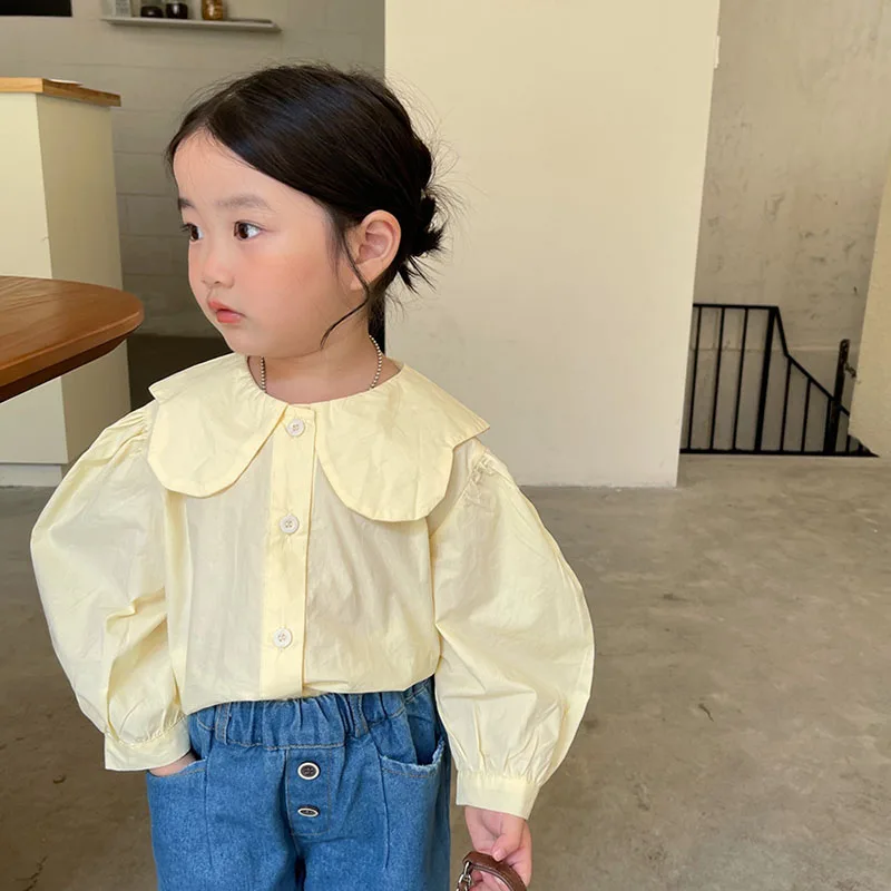 

Spring Autumn Girls Blouse Baby Tops Kids Blouse For Toddler Children Clothes Ins Puff Sleeve Irregular Collar 2-7Y