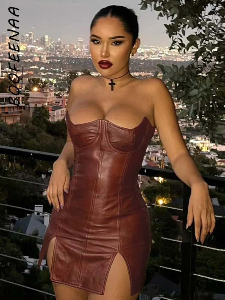 

BOOFEENAA PU Leather Corset Dress Brown Sexy Gothic Punk Club Outfits for Women Tube Top Split Mini Bodycon Dresses C95-DD19