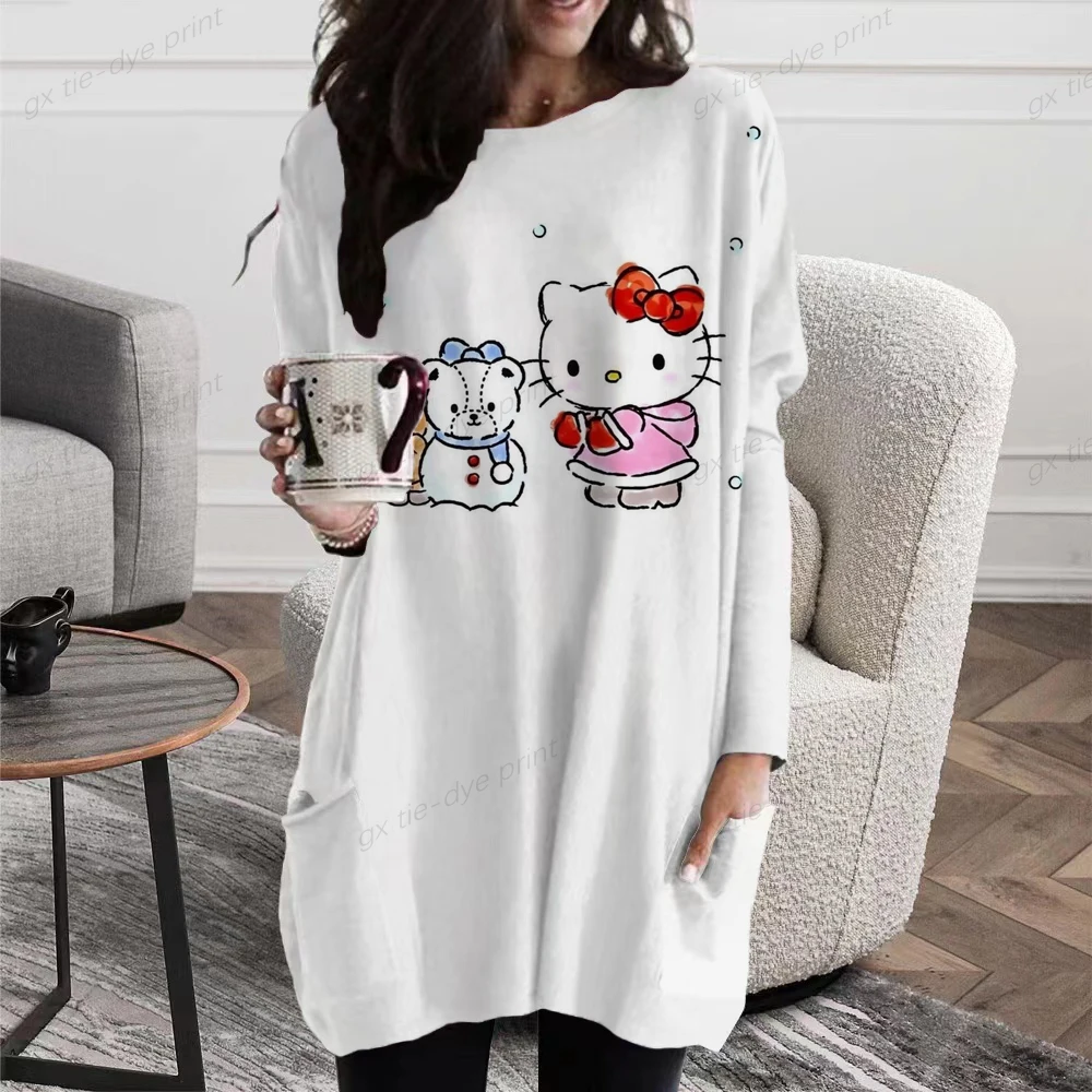 

Женский модный топ, осенняя Футболка с принтом Hello Kitty, Повседневная Свободная Новогодняя футболка с длинным рукавом, пуловер