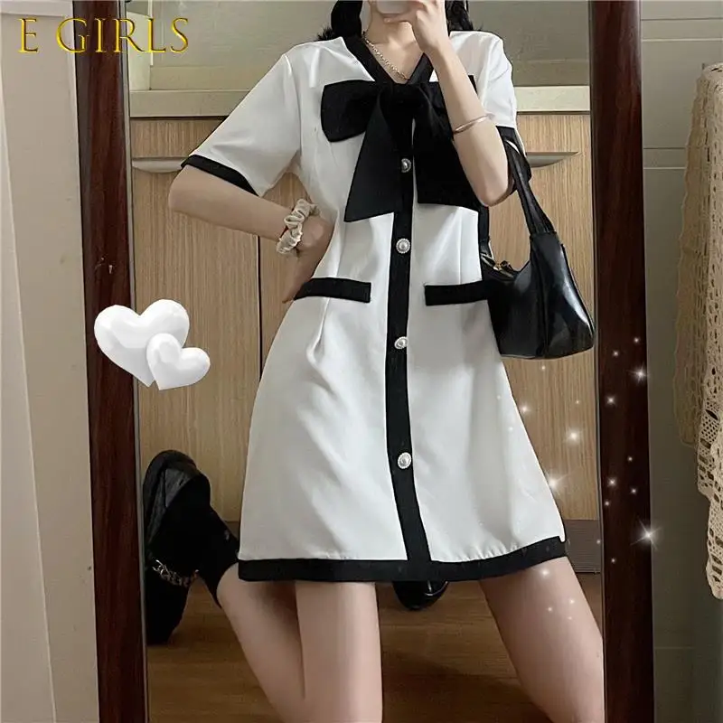 

E GIRLS Short Sleeve Dress Women Bow Mini Summer Preppy Korean Style Ladies Design Fashion Empire Casual Sweet Holiday Retro