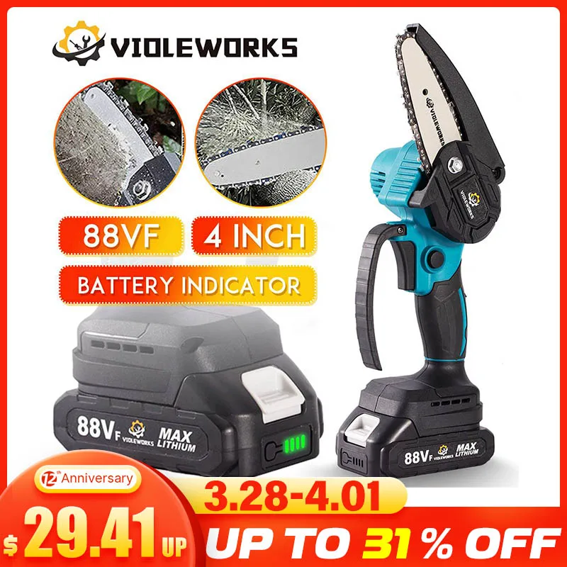4 Inch 1200W 88V Mini Electric Chain Saw With Battery Indicator Rechargeable Woodworking Tool EU Plug For Makita 18V | Инструменты