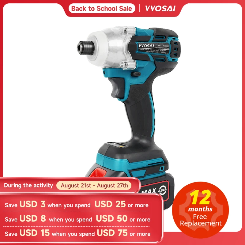 VVOSAI 20V Cordless Electric Screwdriver Torque 155NM Brushless Impact Wrench Rechargable Drill Driver+ LED Light