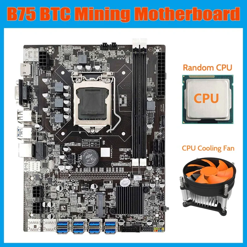 

B75 ETH Mining Motherboard+Random CPU+Cooling Fan LGA1155 8XPCIE USB Adapter DDR3 MSATA B75 USB BTC Miner Motherboard