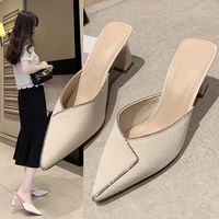 women baotou half slippers women outer wear solid color rhinestone pointed thick heeled high heel sandals and slippers fashion