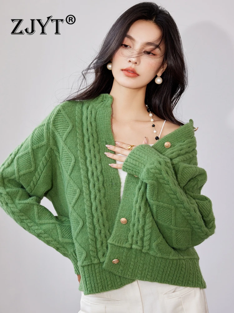 

ZJYT Autumn Winter Women's Cardigan Sweater Coat Long Sleeve Korean Fashion Knitwears Elegant Casual Base Knitting Tops Green