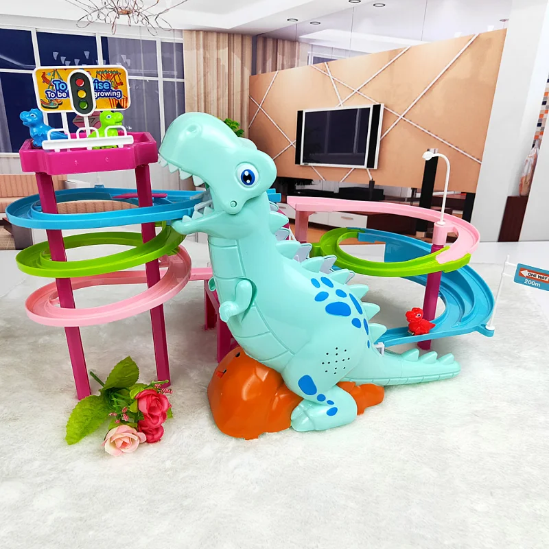 New Brand New Electric Slide Railcar Track toy 3-6 years old Dinosaur climb stairs music light play interactive educational toys