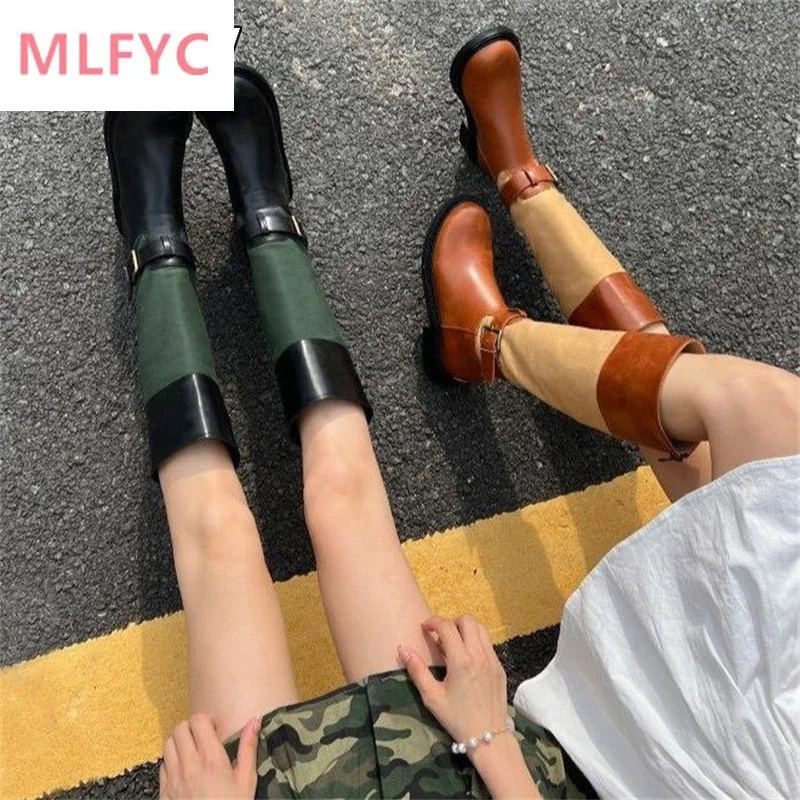 

2022 autumn and winter retro contrast color boots women's belt buckle black thick heel knight boots with skirt high boots