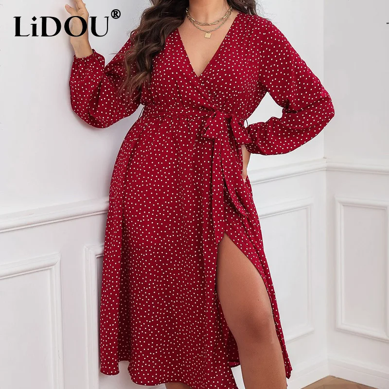 Осенне-зимнее Элегантное повседневное платье большого размера d в горошек