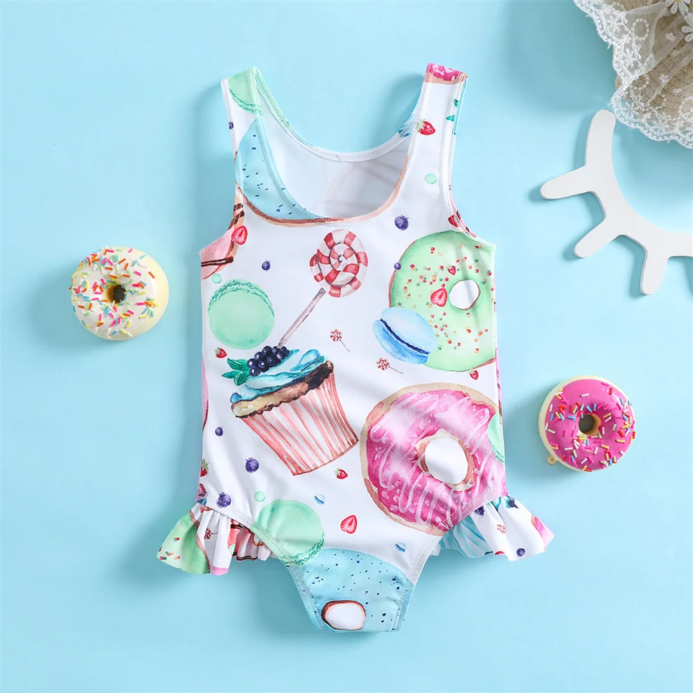 

2023 NEW Kid Girls Swimsuit Newborn Summer Holiday Beach Wear Swimwear Cute Doughnut Print Toddlers Baby Girl Bathing Suit