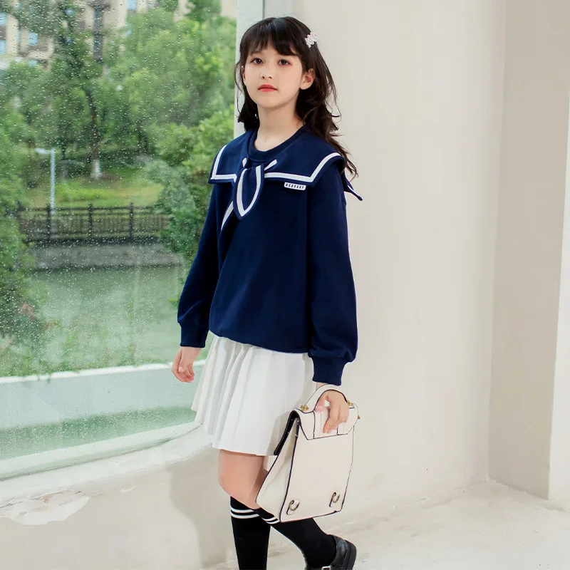 

Свободные хлопковые детские топы с длинным рукавом и отложным воротником для девочек 10-12 лет, одежда на весну и осень для девочек-подростков