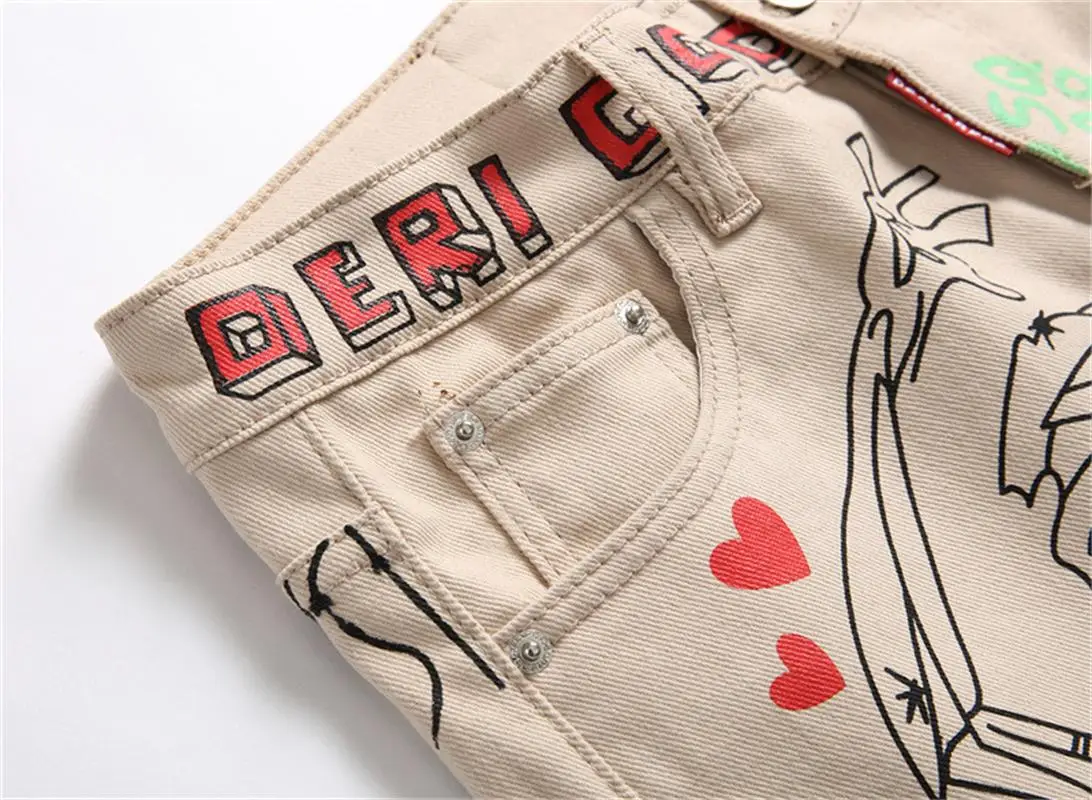 Men's 2023 Spring/Summer New Character Abstract Graffiti Painted Print Street Hip Hop Rock Stretch Skinny Jeans