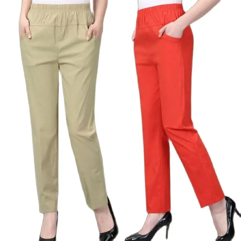 Spring Summer Women's Pants New Solid Elastic High Waist Casual Pants Middle-aged Elderly Female Nine-Point Straight Pants 5XL