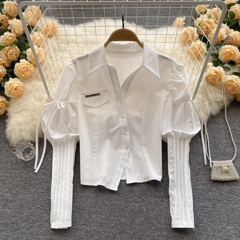 

D143 Women New Fashion Spring Autumn Irregular Lace-up Long Sleeve Solid Color Shirt Slim Short Top Mujer Blouse