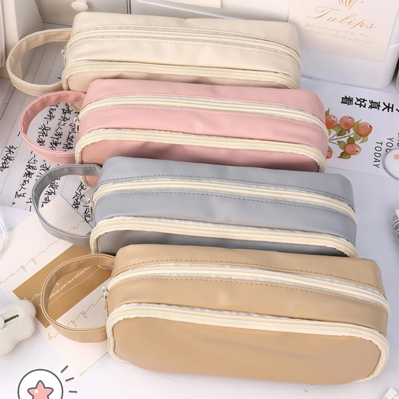 New PU Stationery Pencil Bag Pen Case Macaron Color Dual Sid