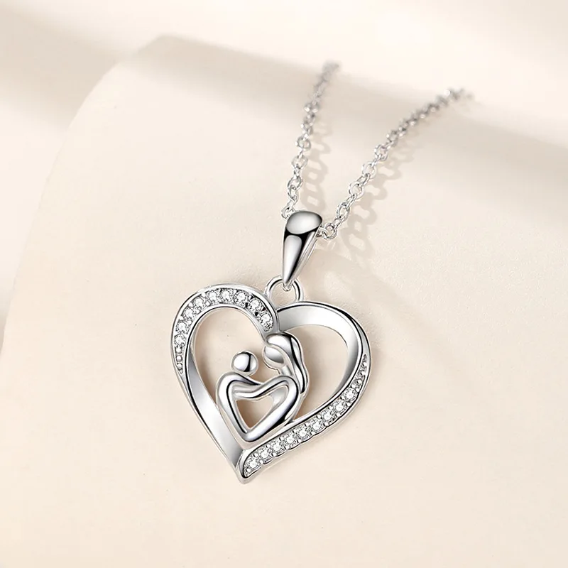 

S925 Sterling Silver Heart-Shaped Mother-Child Hug Pendant Micro-Inlaid Fashion Creative Mother-Love Mother's Day Gift