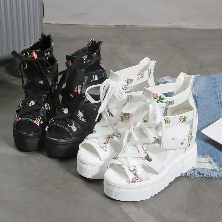 2022 Summer Printing Casual Wedge Women's Shoes Women's Sandals Thick Sole Laces High Heels Casual Women's Shoes Zapatos Mujer