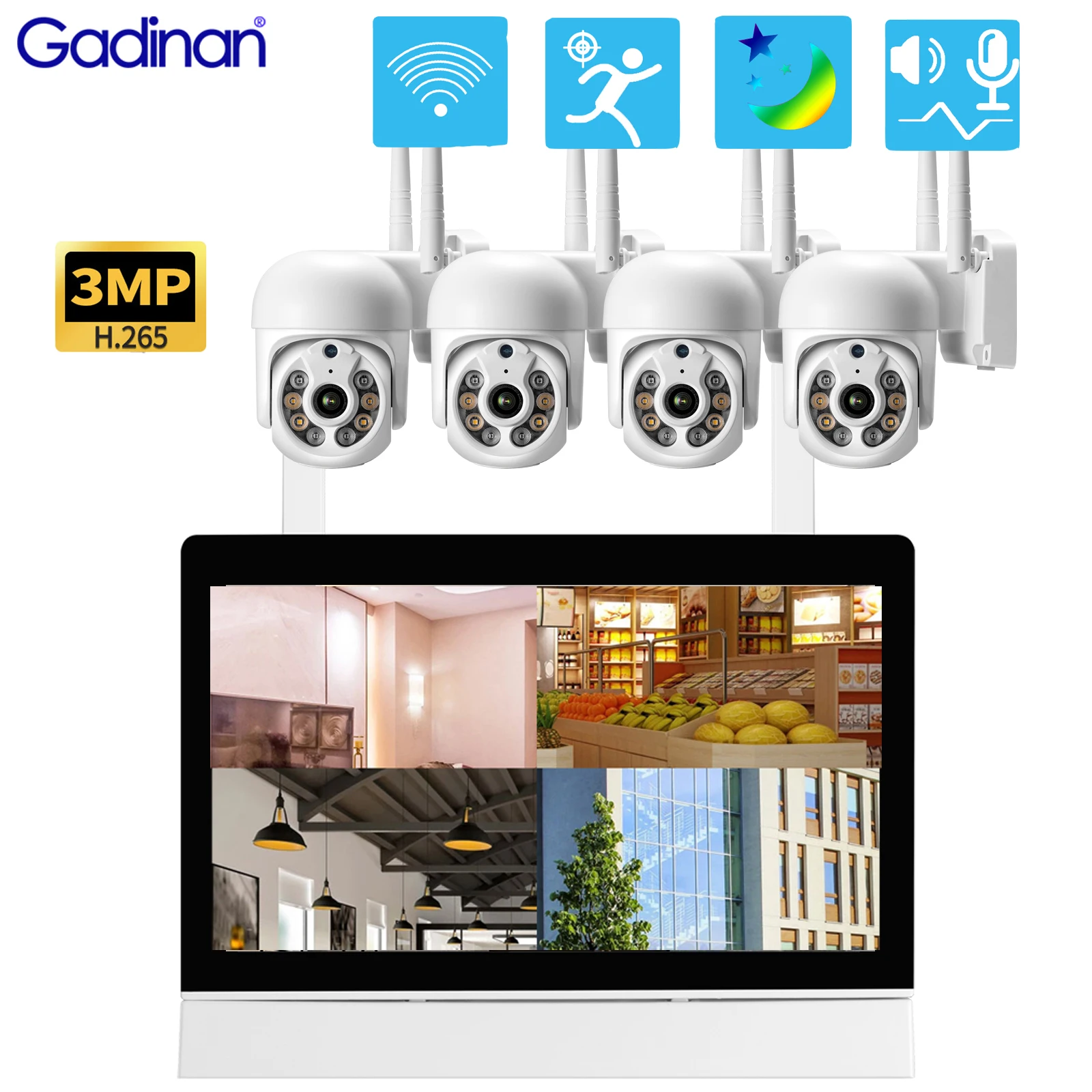 Комплект камеры видеонаблюдения Gadinan Home, 4-канальный Wi-Fi 7-дюймовый сетевой видеорегистратор, PTZ-экран, 3 Мп, двухканальный звук