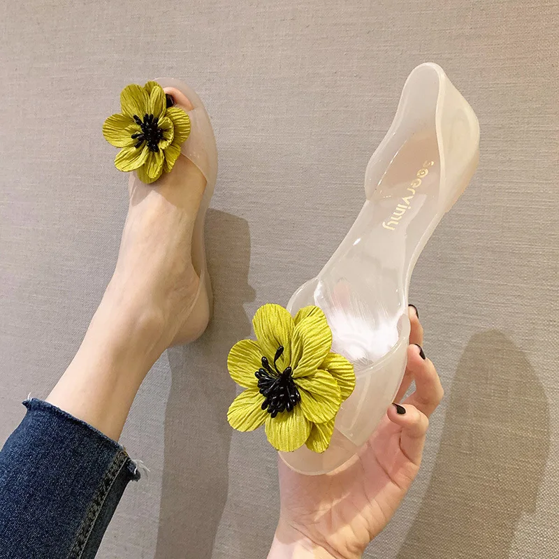 Ballet Flats Women Low Price Shoes With Flower PVC Jelly Sandals Summer 2023 Elegant Fashion Free Shipping Beach Ladies Slippers