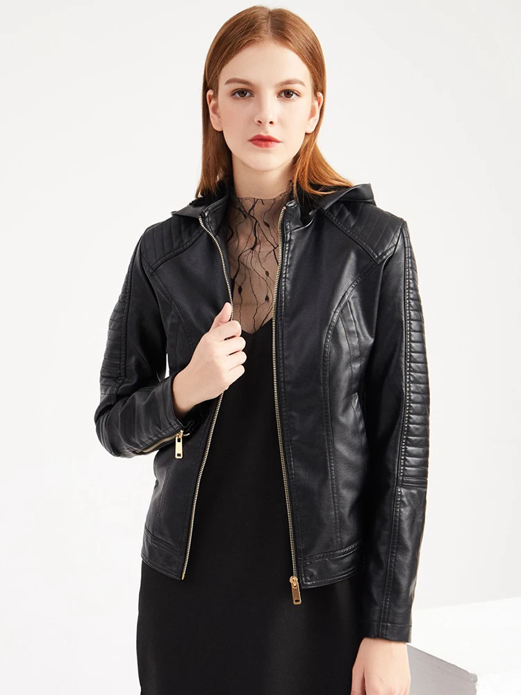 

Ailegogo Streetwear Autumn Winter Women Thick Warm Pu Faux Leather Jacket Hooded Detachable Moto Biker Coat Ladies Outwear