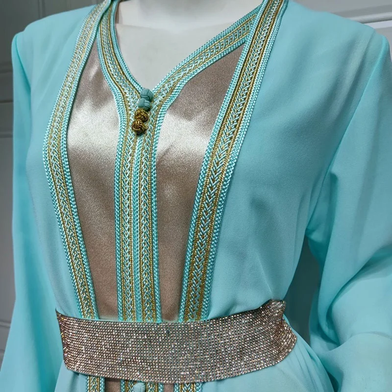 Diamonds Takchita Moroccan Kaftan Jalabiya Women Chiffon Cadigan Satin Inner Dress Dubai Arab Muslim Party Wedding Gown Ramadan