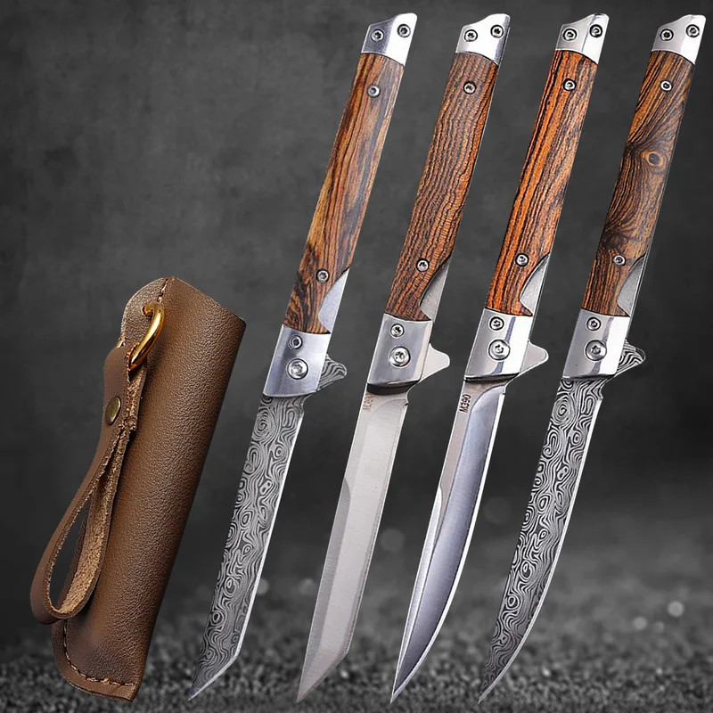 

M390 Steel Folding Knife with Holster Wooden Handle Damascus Pattern High Hardness Outdoor Hunting Knife Camping Survival Tools