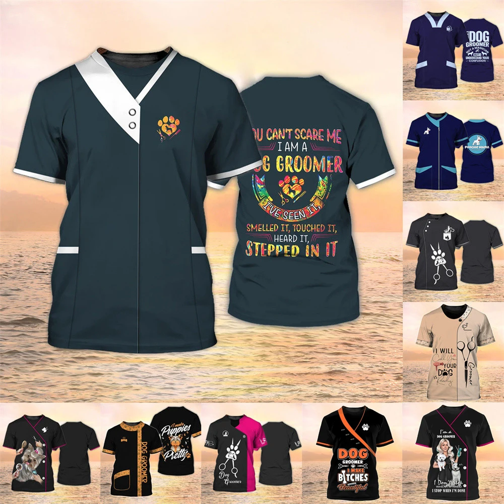 

Pet Groomer T-shirt Men's Shirts Unisex Grooming Uniform Tops Summer Fashion Short Sleeve Workwear Tee O Neck Large Size Clothes