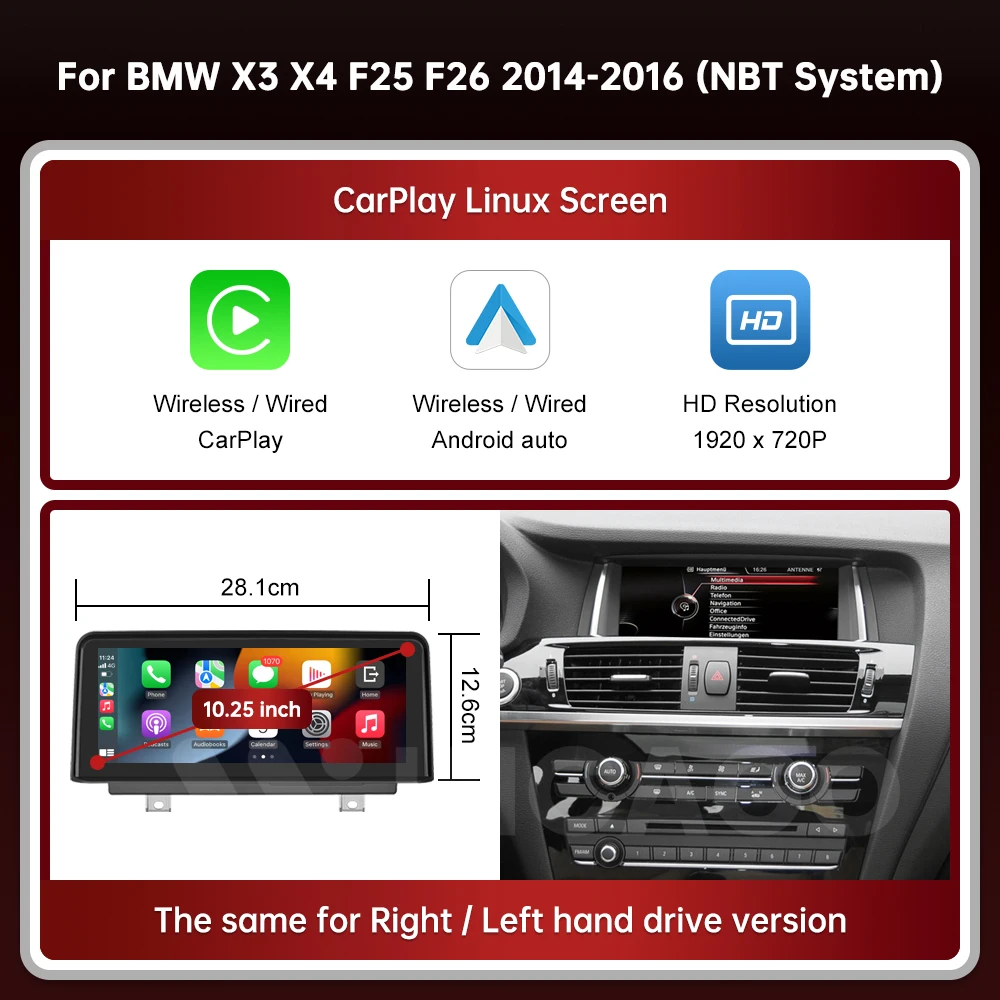 

Wincago 12,3-дюймовый беспроводной мультимедийный сенсорный экран Carplay Linux для BMW X3 F25 X4 F26 2011-2016 CIC NBT Android auto Auto Link