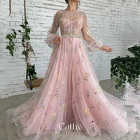 cathy spirit a line party dress puffy sleeves flower evening dress sweetie prom dress with belt spring tulle vestidos de noche