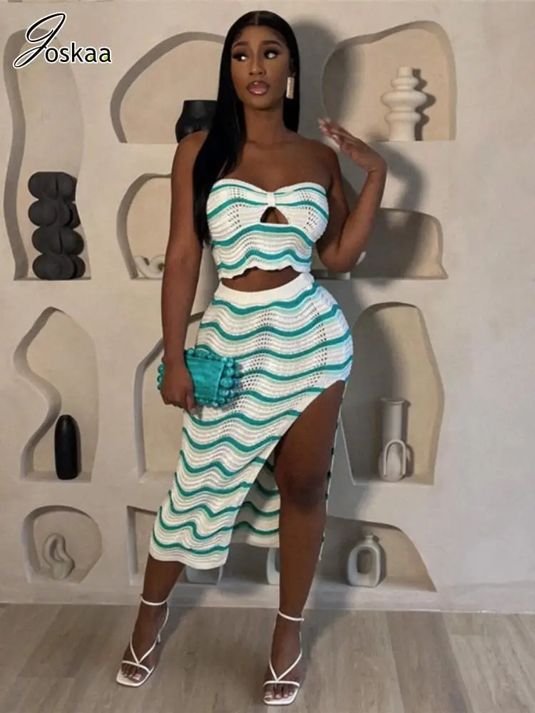 

Joskaa Knit Striped Patchwork Two Piece Set Women Sexy Wrap Chest Tank Tops and High Split Skirt Matching 2023 Vacation Outfits