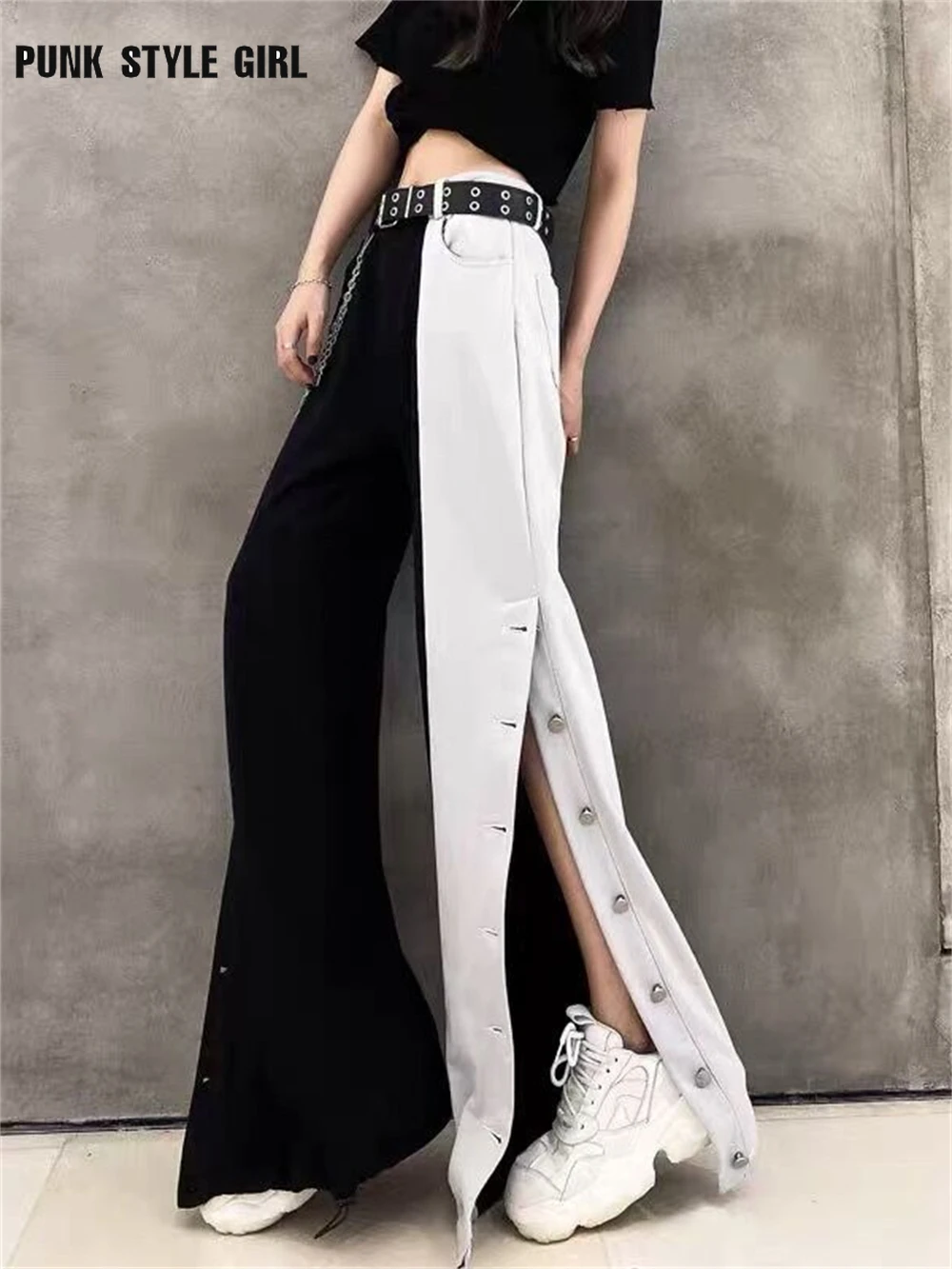 

2022 модные трендовые бриджи с боковыми пуговицами и широкими штанинами в стиле хиппи с высокой талией, повседневные корейские контрастные К...