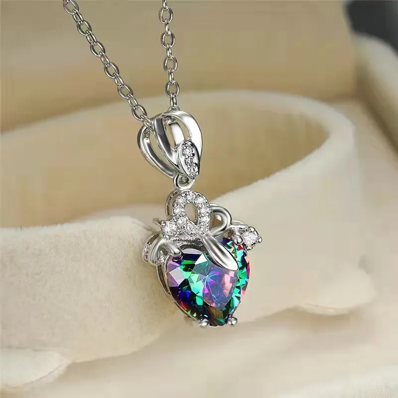 Jewelry for Women Heart Crystal Stone Necklace for Women Trendy Silver Cubic Zirconia Carnelian Charms Pendant Colgante Mujer